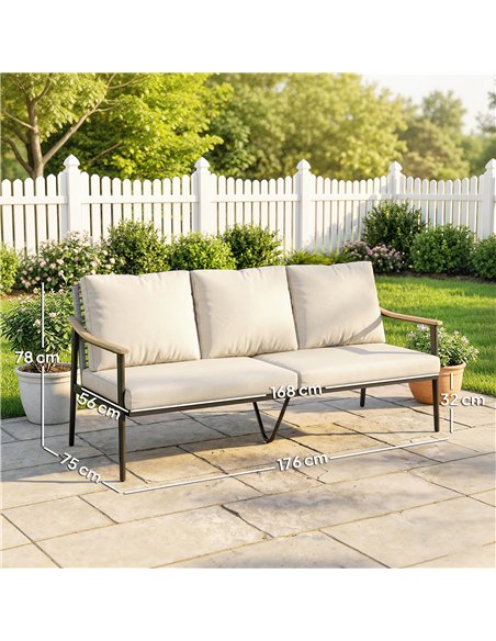 Outsunny 3 Seater Rattan Sofa, Outdoor Garden Sofa with Wood-Effect Armrests, Cushions for Patio, Balcony, Khaki - pic 199593 | FastDaddyshop
