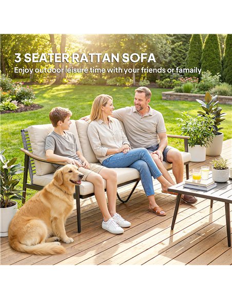 Outsunny 3 Seater Rattan Sofa, Outdoor Garden Sofa with Wood-Effect Armrests, Cushions for Patio, Balcony, Khaki - pic 199594 | FastDaddyshop