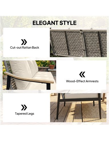Outsunny 3 Seater Rattan Sofa, Outdoor Garden Sofa with Wood-Effect Armrests, Cushions for Patio, Balcony, Khaki