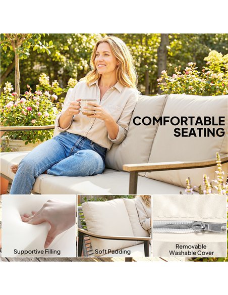 Outsunny 3 Seater Rattan Sofa, Outdoor Garden Sofa with Wood-Effect Armrests, Cushions for Patio, Balcony, Khaki - pic 199596 | FastDaddyshop