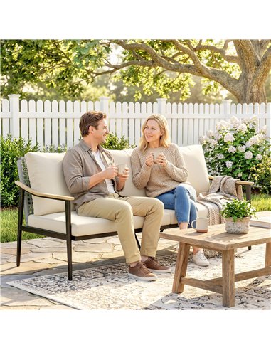 Outsunny 3 Seater Rattan Sofa, Outdoor Garden Sofa with Wood-Effect Armrests, Cushions for Patio, Balcony, Khaki