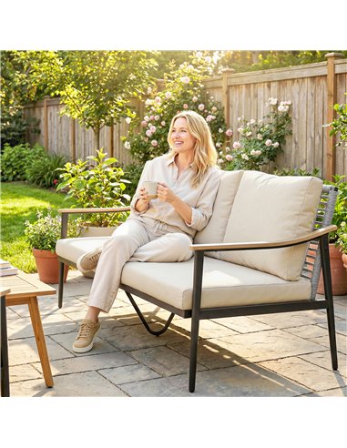 Outsunny 3 Seater Rattan Sofa, Outdoor Garden Sofa with Wood-Effect Armrests, Cushions for Patio, Balcony, Khaki