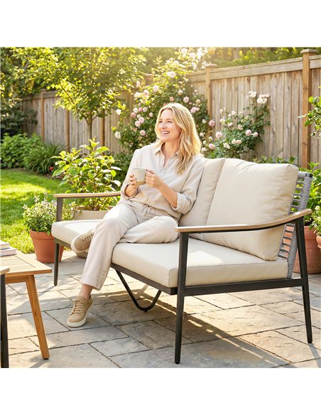 Outsunny 3 Seater Rattan Sofa, Outdoor Garden Sofa with Wood-Effect Armrests, Cushions for Patio, Balcony, Khaki - pic 199599 | FastDaddyshop