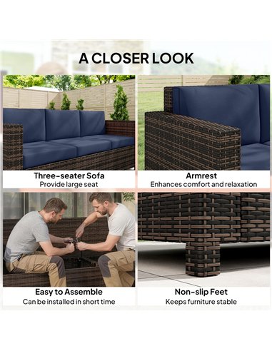 Outsunny 3-Seater Weather Resistant Outdoor Garden Rattan Sofa Dark Blue