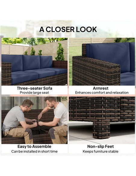 Outsunny 3-Seater Weather Resistant Outdoor Garden Rattan Sofa Dark Blue - pic 199614 | FastDaddyshop