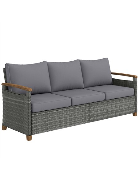 Outsunny 3 Seater Rattan Garden Sofa, PE Wicker Outdoor Sofa Wide Deep Seat, 4" Cushions, Wood-Effect Armrests Legs, Dark Grey - pic 199618 | FastDaddyshop