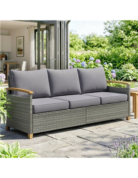 Outsunny 3 Seater Rattan Garden Sofa, PE Wicker Outdoor Sofa Wide Deep Seat, 4" Cushions, Wood-Effect Armrests Legs, Dark Grey - pic 199619 | FastDaddyshop