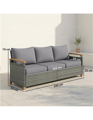 Outsunny 3 Seater Rattan Garden Sofa, PE Wicker Outdoor Sofa Wide Deep Seat, 4" Cushions, Wood-Effect Armrests Legs, Dark Grey