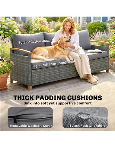 Outsunny 3 Seater Rattan Garden Sofa, PE Wicker Outdoor Sofa Wide Deep Seat, 4" Cushions, Wood-Effect Armrests Legs, Dark Grey