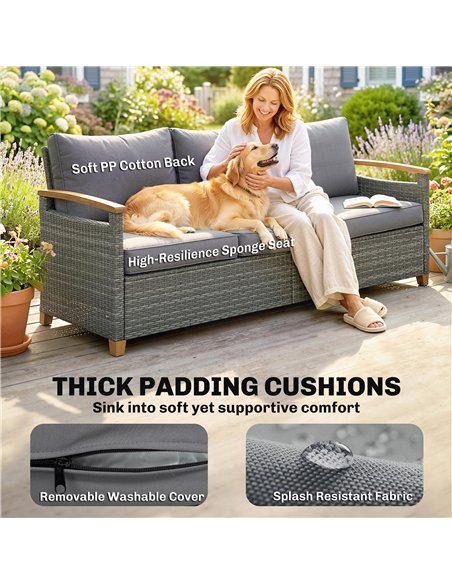 Outsunny 3 Seater Rattan Garden Sofa, PE Wicker Outdoor Sofa Wide Deep Seat, 4" Cushions, Wood-Effect Armrests Legs, Dark Grey - pic 199621 | FastDaddyshop