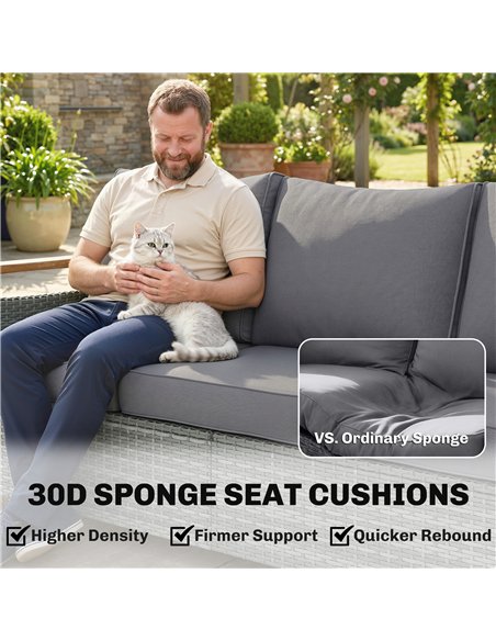 Outsunny 3 Seater Rattan Garden Sofa, PE Wicker Outdoor Sofa Wide Deep Seat, 4" Cushions, Wood-Effect Armrests Legs, Dark Grey - pic 199622 | FastDaddyshop