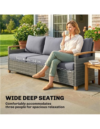 Outsunny 3 Seater Rattan Garden Sofa, PE Wicker Outdoor Sofa Wide Deep Seat, 4" Cushions, Wood-Effect Armrests Legs, Dark Grey