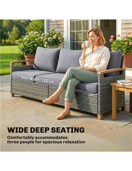 Outsunny 3 Seater Rattan Garden Sofa, PE Wicker Outdoor Sofa Wide Deep Seat, 4" Cushions, Wood-Effect Armrests Legs, Dark Grey - pic 199623 | FastDaddyshop