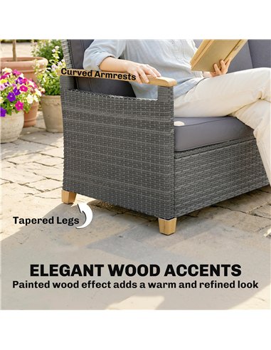 Outsunny 3 Seater Rattan Garden Sofa, PE Wicker Outdoor Sofa Wide Deep Seat, 4" Cushions, Wood-Effect Armrests Legs, Dark Grey