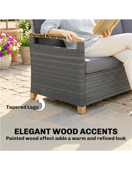 Outsunny 3 Seater Rattan Garden Sofa, PE Wicker Outdoor Sofa Wide Deep Seat, 4" Cushions, Wood-Effect Armrests Legs, Dark Grey - pic 199625 | FastDaddyshop