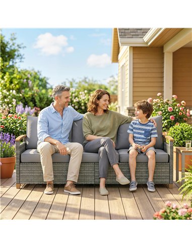 Outsunny 3 Seater Rattan Garden Sofa, PE Wicker Outdoor Sofa Wide Deep Seat, 4" Cushions, Wood-Effect Armrests Legs, Dark Grey