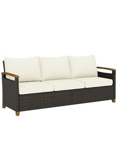 Outsunny 3 Seater Rattan Garden Sofa, PE Wicker Outdoor Sofa Wide Deep Seat, 4" Cushions, Wood-Effect Armrests Legs, Brown