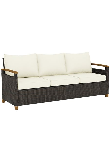 Outsunny 3 Seater Rattan Garden Sofa, PE Wicker Outdoor Sofa Wide Deep Seat, 4" Cushions, Wood-Effect Armrests Legs, Brown - pic 199627 | FastDaddyshop