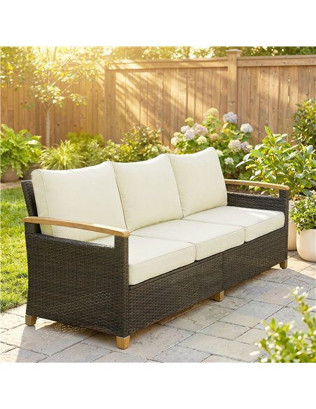 Outsunny 3 Seater Rattan Garden Sofa, PE Wicker Outdoor Sofa Wide Deep Seat, 4" Cushions, Wood-Effect Armrests Legs, Brown - pic 199628 | FastDaddyshop