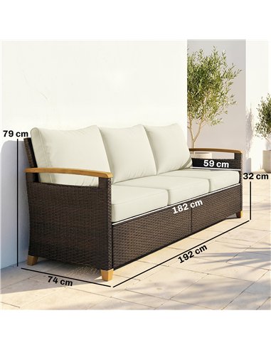Outsunny 3 Seater Rattan Garden Sofa, PE Wicker Outdoor Sofa Wide Deep Seat, 4" Cushions, Wood-Effect Armrests Legs, Brown