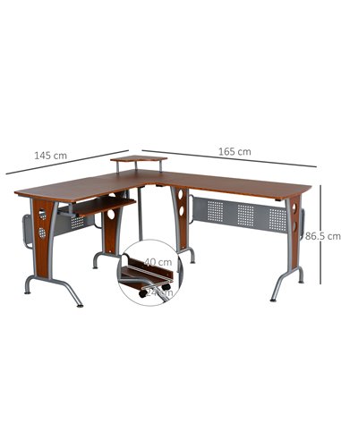 HOMCOM L-Shaped Corner Work Gaming Desk wiht Steel Frame, Keyboard Tray, Brown