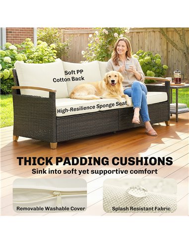 Outsunny 3 Seater Rattan Garden Sofa, PE Wicker Outdoor Sofa Wide Deep Seat, 4" Cushions, Wood-Effect Armrests Legs, Brown