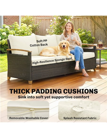 Outsunny 3 Seater Rattan Garden Sofa, PE Wicker Outdoor Sofa Wide Deep Seat, 4" Cushions, Wood-Effect Armrests Legs, Brown - pic 199630 | FastDaddyshop