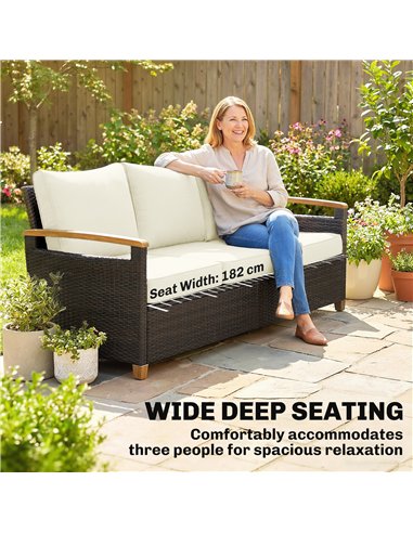 Outsunny 3 Seater Rattan Garden Sofa, PE Wicker Outdoor Sofa Wide Deep Seat, 4" Cushions, Wood-Effect Armrests Legs, Brown