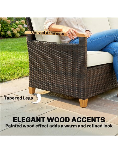 Outsunny 3 Seater Rattan Garden Sofa, PE Wicker Outdoor Sofa Wide Deep Seat, 4" Cushions, Wood-Effect Armrests Legs, Brown - pic 199634 | FastDaddyshop