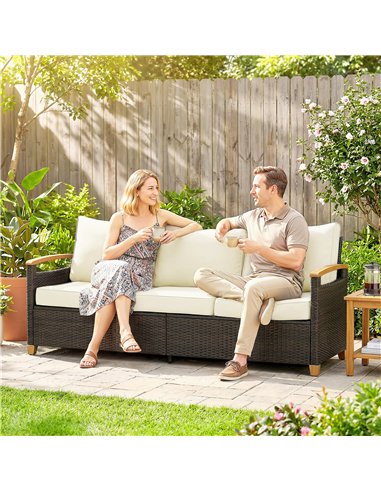 Outsunny 3 Seater Rattan Garden Sofa, PE Wicker Outdoor Sofa Wide Deep Seat, 4" Cushions, Wood-Effect Armrests Legs, Brown
