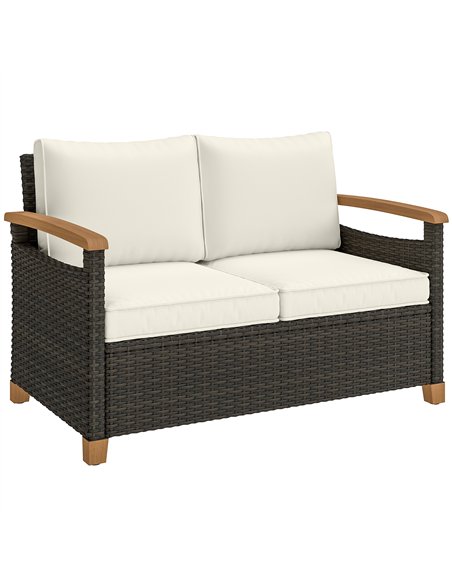 Outsunny 2 Seater Rattan Garden Sofa, Outdoor Sofa with Thickened Cushions and Acacia Wood Armrests, Brown - pic 199636 | FastDaddyshop