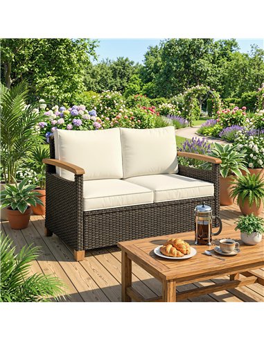 Outsunny 2 Seater Rattan Garden Sofa, Outdoor Sofa with Thickened Cushions and Acacia Wood Armrests, Brown