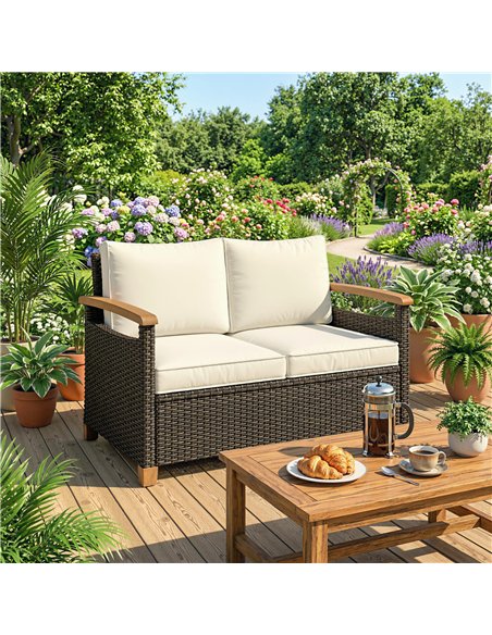 Outsunny 2 Seater Rattan Garden Sofa, Outdoor Sofa with Thickened Cushions and Acacia Wood Armrests, Brown - pic 199637 | FastDaddyshop