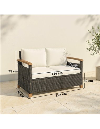 Outsunny 2 Seater Rattan Garden Sofa, Outdoor Sofa with Thickened Cushions and Acacia Wood Armrests, Brown