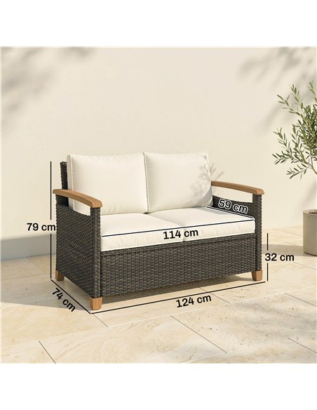 Outsunny 2 Seater Rattan Garden Sofa, Outdoor Sofa with Thickened Cushions and Acacia Wood Armrests, Brown - pic 199638 | FastDaddyshop