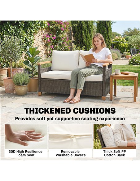 Outsunny 2 Seater Rattan Garden Sofa, Outdoor Sofa with Thickened Cushions and Acacia Wood Armrests, Brown - pic 199639 | FastDaddyshop