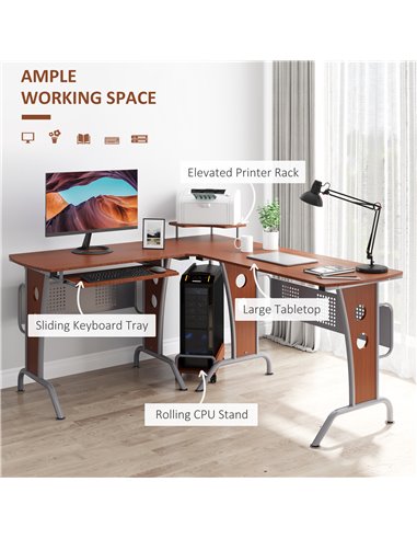 HOMCOM L-Shaped Corner Work Gaming Desk wiht Steel Frame, Keyboard Tray, Brown