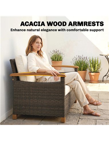 Outsunny 2 Seater Rattan Garden Sofa, Outdoor Sofa with Thickened Cushions and Acacia Wood Armrests, Brown