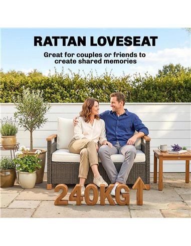 Outsunny 2 Seater Rattan Garden Sofa, Outdoor Sofa with Thickened Cushions and Acacia Wood Armrests, Brown