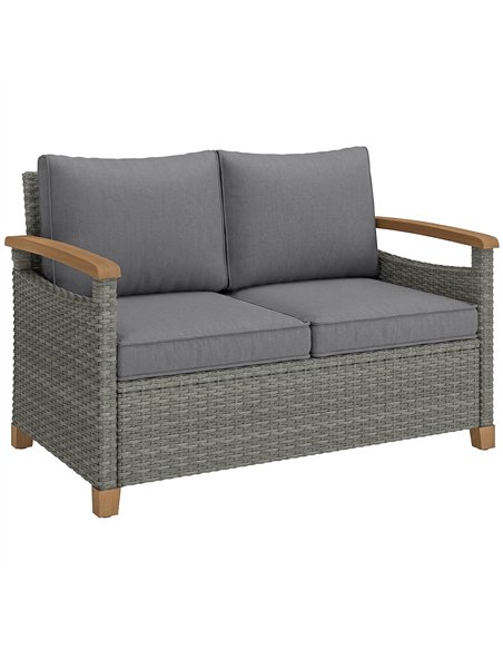 Outsunny 2 Seater Rattan Garden Sofa, Outdoor Sofa with Thickened Cushions and Acacia Wood Armrests, Dark Grey - pic 199645 | FastDaddyshop