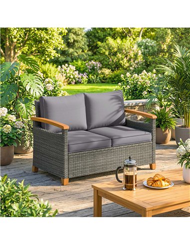 Outsunny 2 Seater Rattan Garden Sofa, Outdoor Sofa with Thickened Cushions and Acacia Wood Armrests, Dark Grey