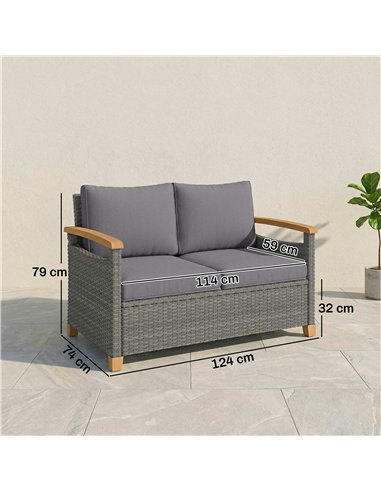 Outsunny 2 Seater Rattan Garden Sofa, Outdoor Sofa with Thickened Cushions and Acacia Wood Armrests, Dark Grey