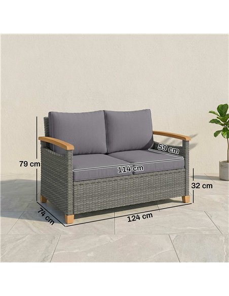 Outsunny 2 Seater Rattan Garden Sofa, Outdoor Sofa with Thickened Cushions and Acacia Wood Armrests, Dark Grey - pic 199647 | FastDaddyshop
