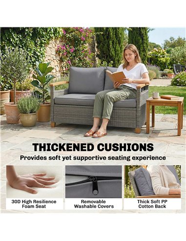 Outsunny 2 Seater Rattan Garden Sofa, Outdoor Sofa with Thickened Cushions and Acacia Wood Armrests, Dark Grey