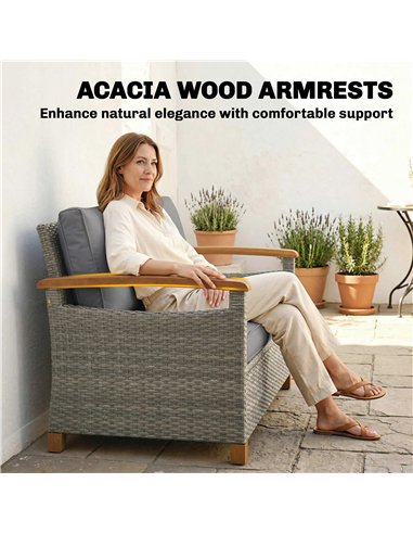 Outsunny 2 Seater Rattan Garden Sofa, Outdoor Sofa with Thickened Cushions and Acacia Wood Armrests, Dark Grey