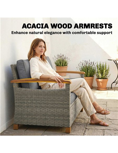 Outsunny 2 Seater Rattan Garden Sofa, Outdoor Sofa with Thickened Cushions and Acacia Wood Armrests, Dark Grey - pic 199649 | FastDaddyshop