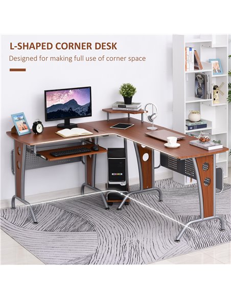 HOMCOM L-Shaped Corner Work Gaming Desk wiht Steel Frame, Keyboard Tray, Brown - pic 19965 | FastDaddyshop