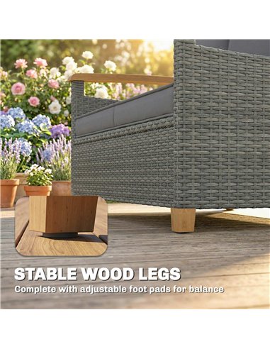 Outsunny 2 Seater Rattan Garden Sofa, Outdoor Sofa with Thickened Cushions and Acacia Wood Armrests, Dark Grey