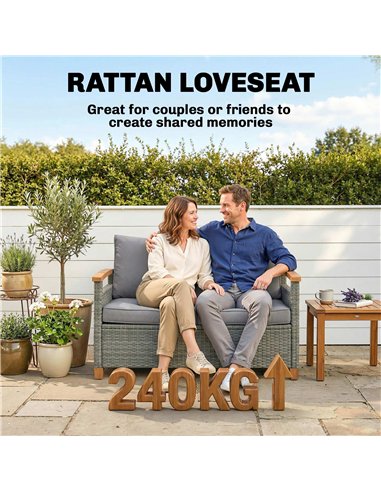 Outsunny 2 Seater Rattan Garden Sofa, Outdoor Sofa with Thickened Cushions and Acacia Wood Armrests, Dark Grey