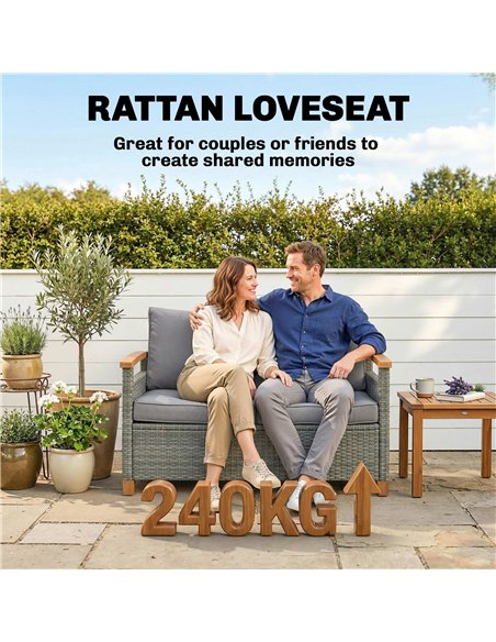 Outsunny 2 Seater Rattan Garden Sofa, Outdoor Sofa with Thickened Cushions and Acacia Wood Armrests, Dark Grey - pic 199652 | FastDaddyshop